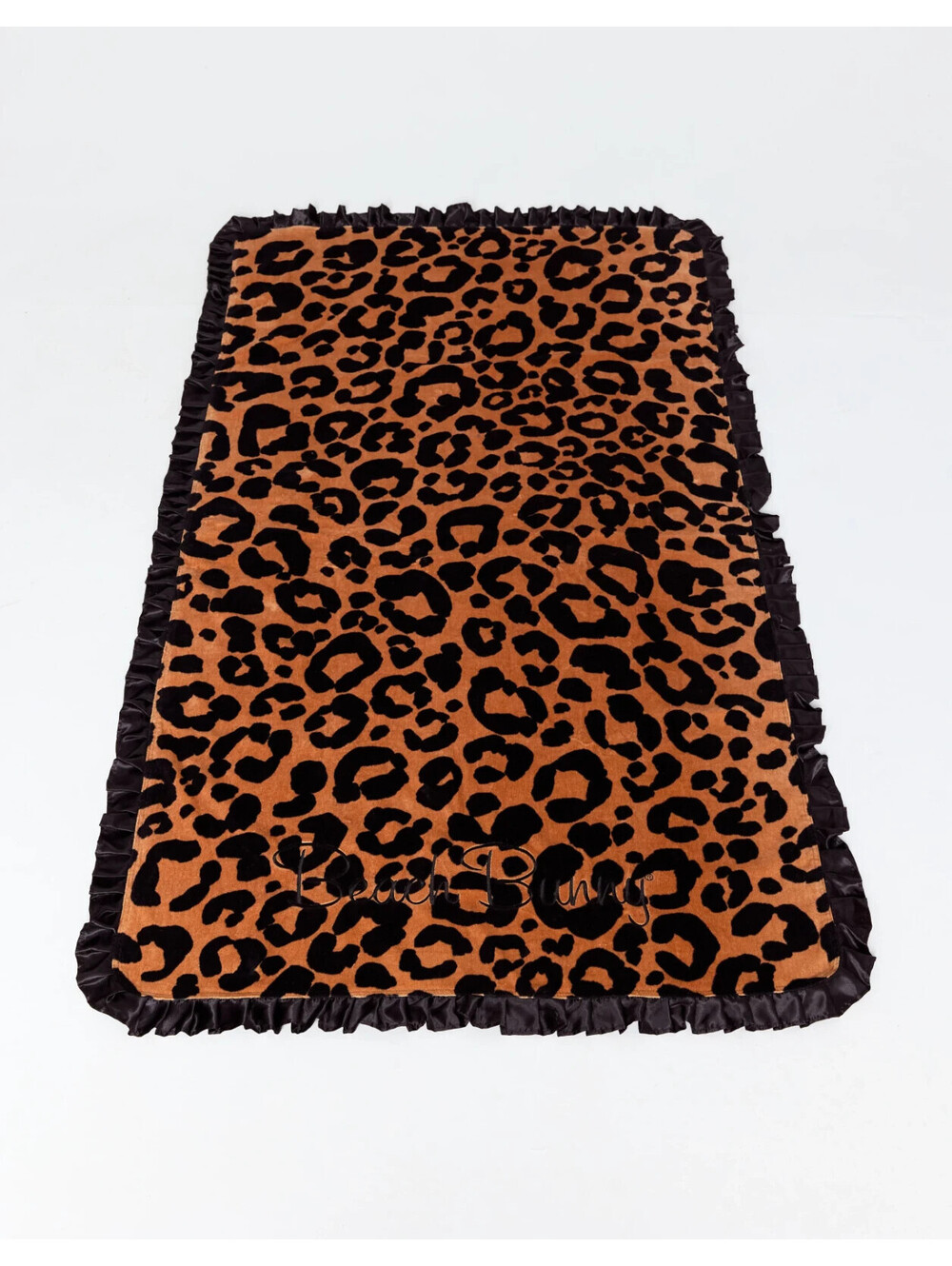 BEACH BUNNY LEOPARD LOVE TOWEL WITH BLACK SATIN RUFFLE TRIM NWT  70 x 39